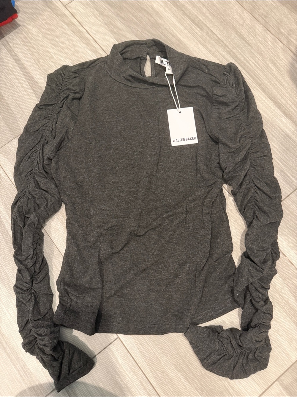 Walter Baker Charcoal Ruched Long-Sleeve Mock Neck Top